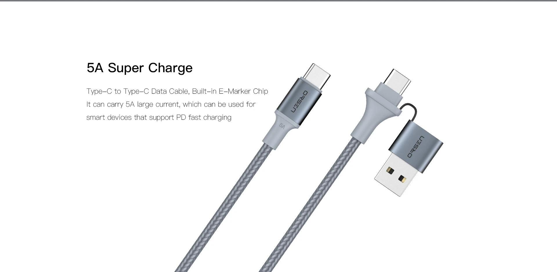 Orsen Juodas 2 viename USB ir Type-C įkrovimo laidas, 1,5 m