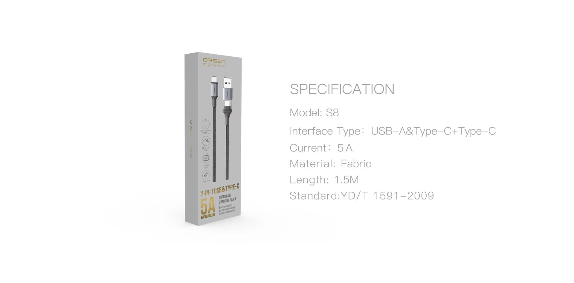 Orsen Juodas 2 viename USB ir Type-C įkrovimo laidas, 1,5 m