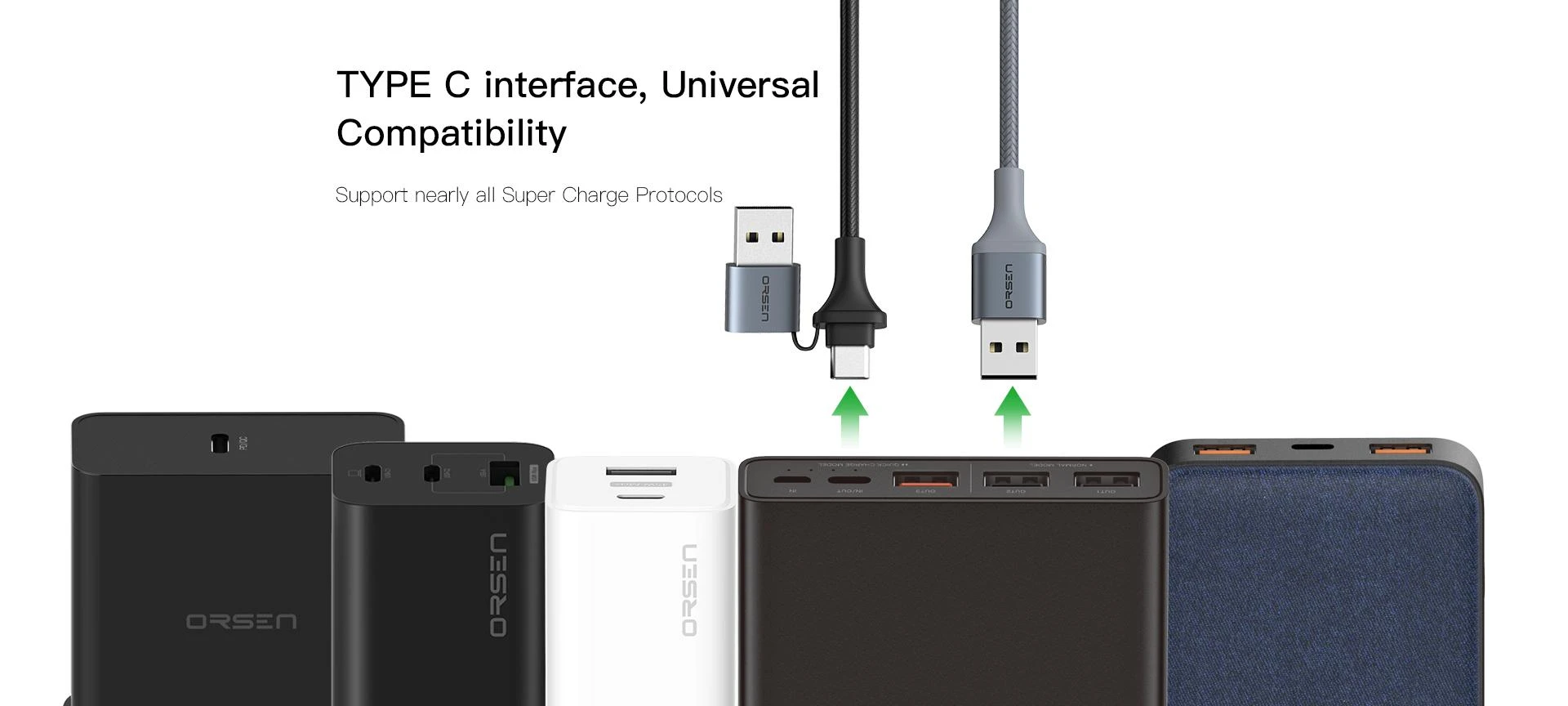 Orsen Juodas 2 viename USB ir Type-C įkrovimo laidas, 1,5 m