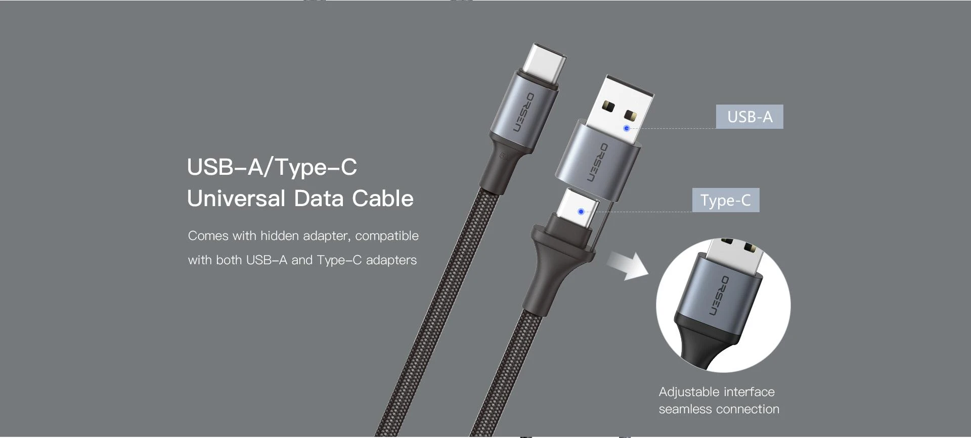 Orsen Juodas 2 viename USB ir Type-C įkrovimo laidas, 1,5 m