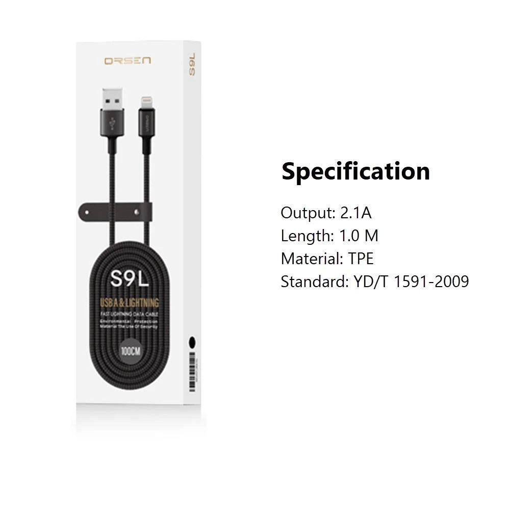 Orsen S9L USB A and Lightning 2.1A 1m juodas