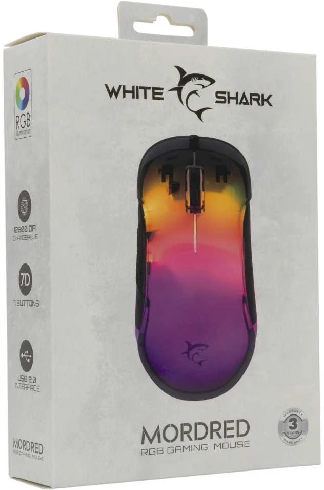 White Shark Baltas Shark Baltas Shark Pelė žaidimams MORDRED, RGB, 12800 dpi, Juodas (GM-5017)