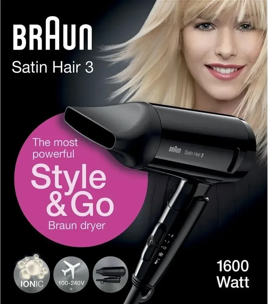 Plaukų Džiovintuvas - Braun Satin Hair 3 Style&Go 1600 W Juodas