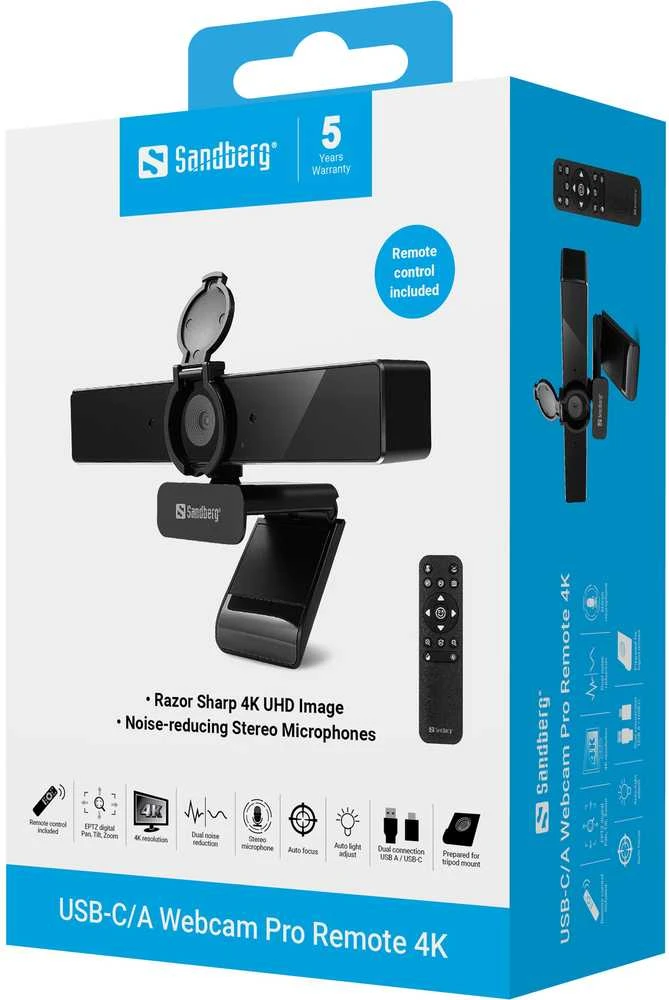 Internetinė kamera Sandberg USB-C/A Webcam Pro Remote 4K Juodas