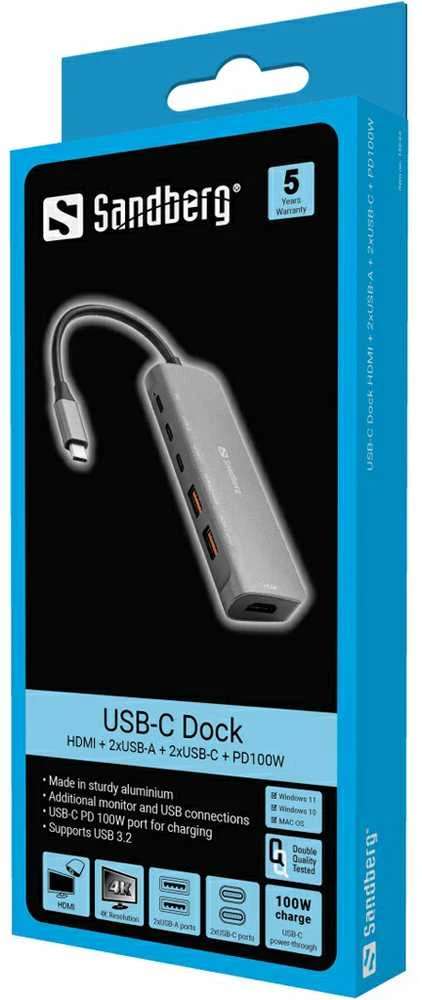 Sandberg USB-C dokas HDMI + 2xUSB-A + 2xUSB-C + PD100W