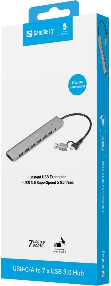 „Sandberg 136-66“ USB koncentratorius su USB 3.2 Gen 1 (3.1 Gen 1) A tipo + C tipo, 5000 Mbit/s