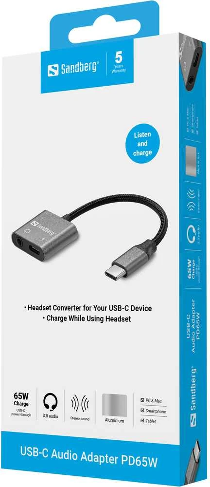 Sandberg USB-C adapteris su 3.5mm jungtimi ir PD 65W krovimu
