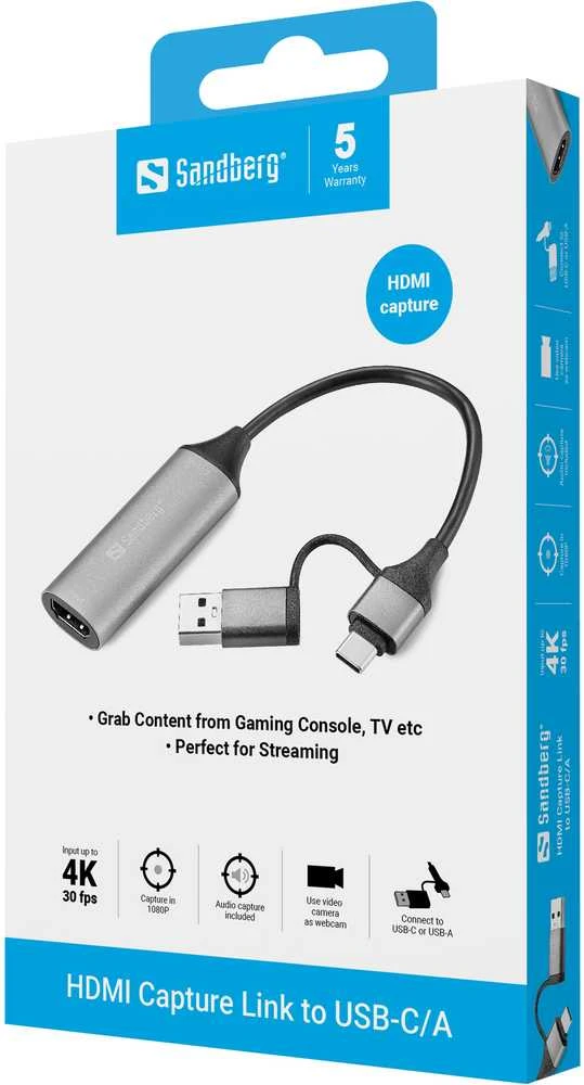 SANDBERG HDMI įrašymo jungtis su USB-C/A