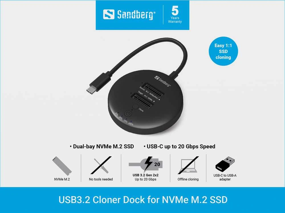 Sandberg NVMe diskų kopijavimo stotelė su USB-C laidu