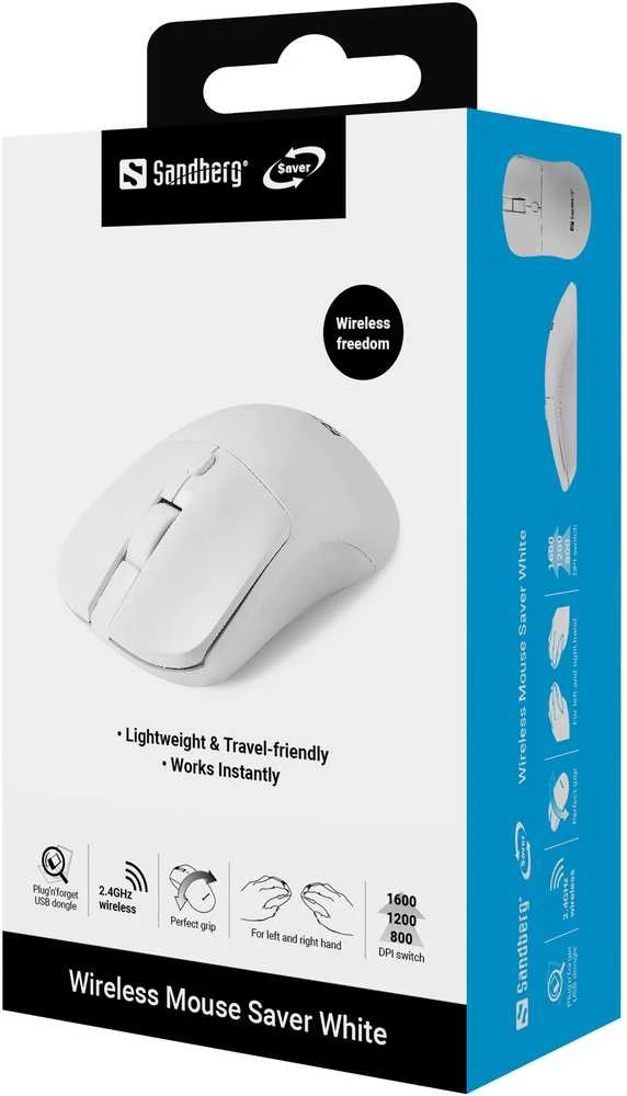 Sandberg 331-05 belaidė pelė, taupanti energiją, balta, kairė ir dešinė, USB-A adapteris