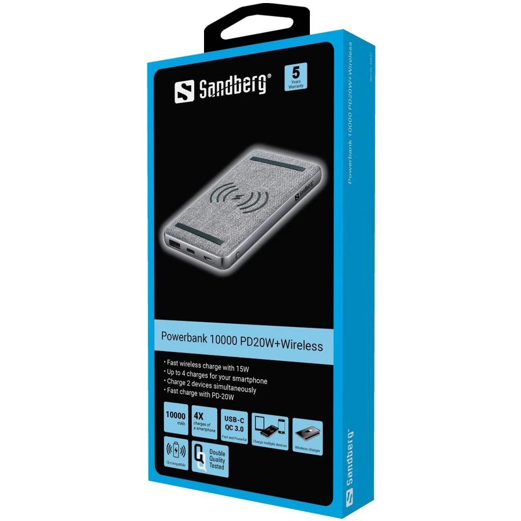 Belaidis įkroviklis Sandberg 10000 PD20W+, Pilkos spalvos