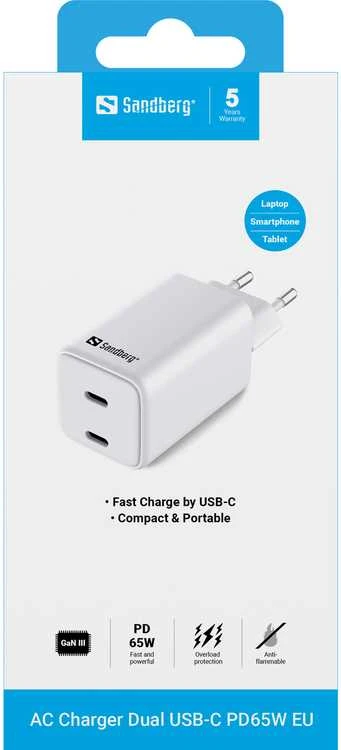 Sandberg kintamosios srovės įkroviklis Dual USB-C PD65W EU