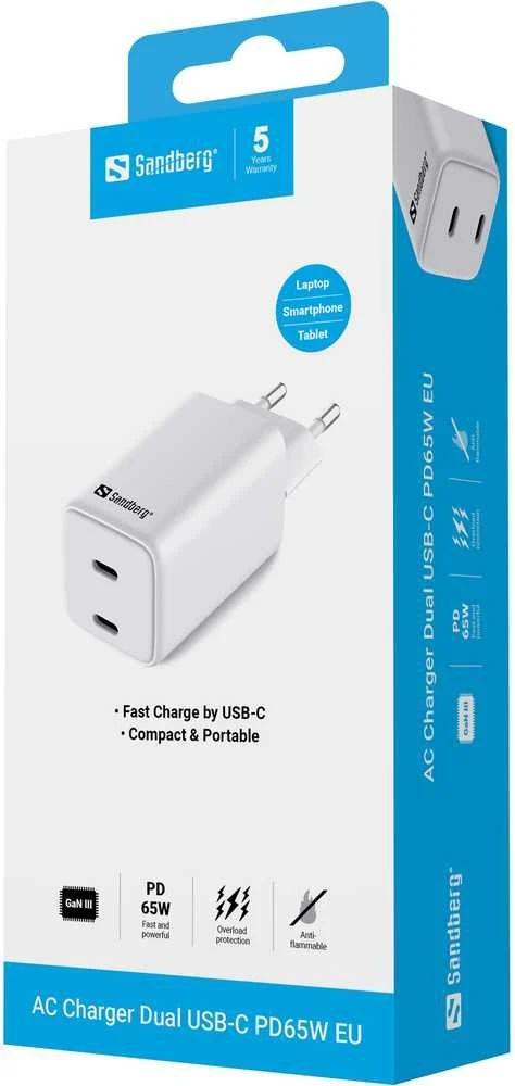 Sandberg kintamosios srovės įkroviklis Dual USB-C PD65W EU