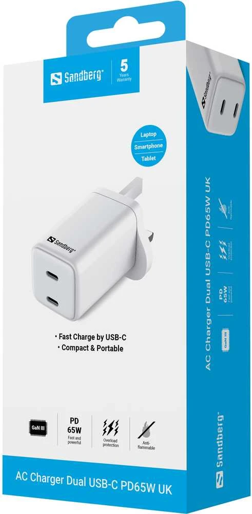 Sandberg kintamosios srovės įkroviklis su dvigubu USB-C, PD65W, JK