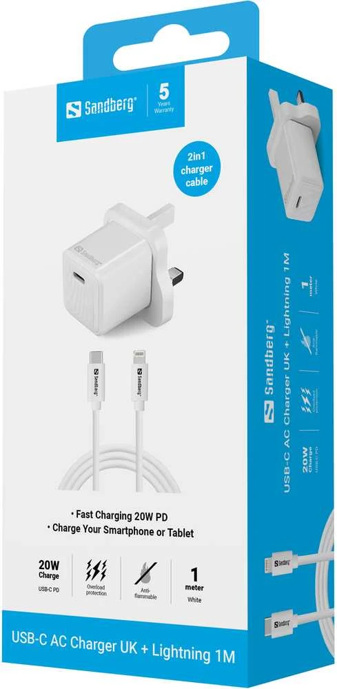 „Sandberg“ USB-C AC 20 W įkroviklis, JK + „Lightning“ 1 m