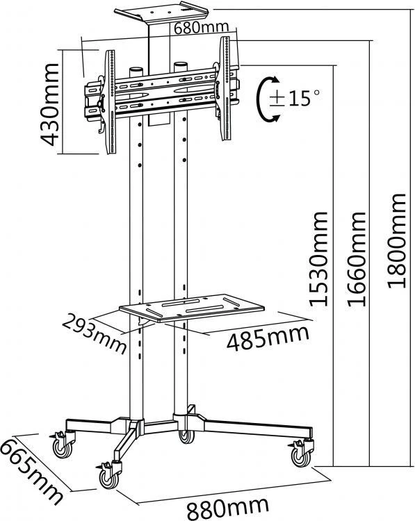 Laikiklis Sbox SBOX 32-55colių 81-140cm apkrova 50kg VESA 75x75 iki 600x400 pakreipimas -15 iki +15laipsniai papildoma lentyna įmontuojama ratais juodas - FS-401