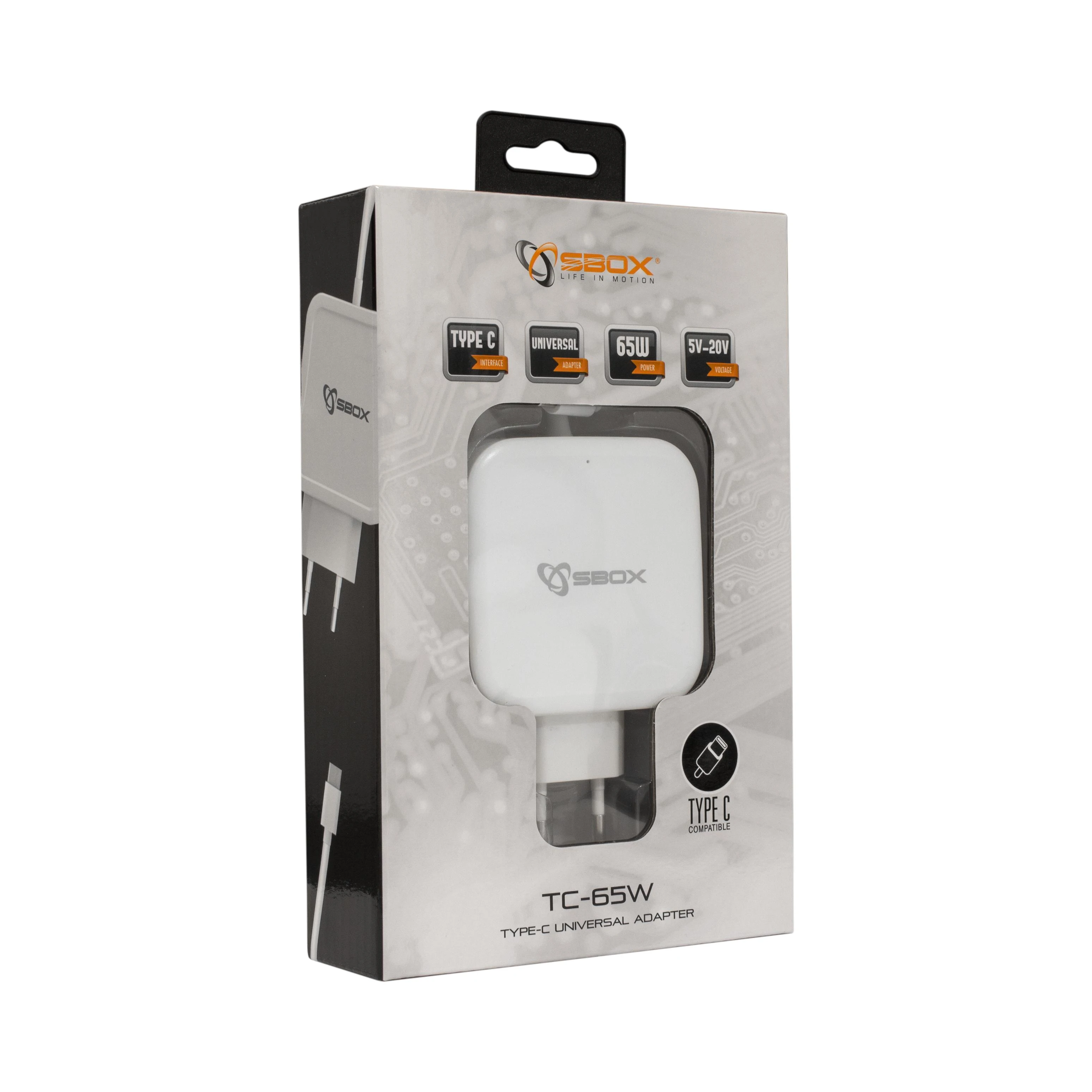 SBOX 65W USB-C adapteris pakuotėje