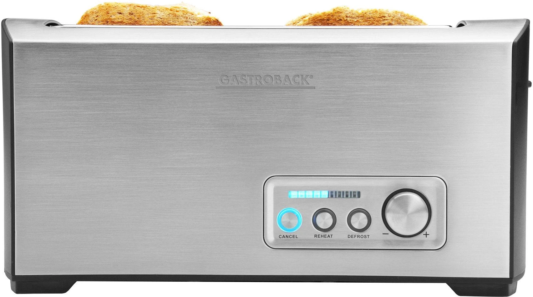 Skrudintuvas Gastroback Toaster PRO 4S 42398 Stainless Steel/ juodas, Nerūdijantis plienas, 1500 W, Lizdų skaičius 4, Galios lygių skaičius 9, Į komplektaciją įeina bandelių šildytuvas