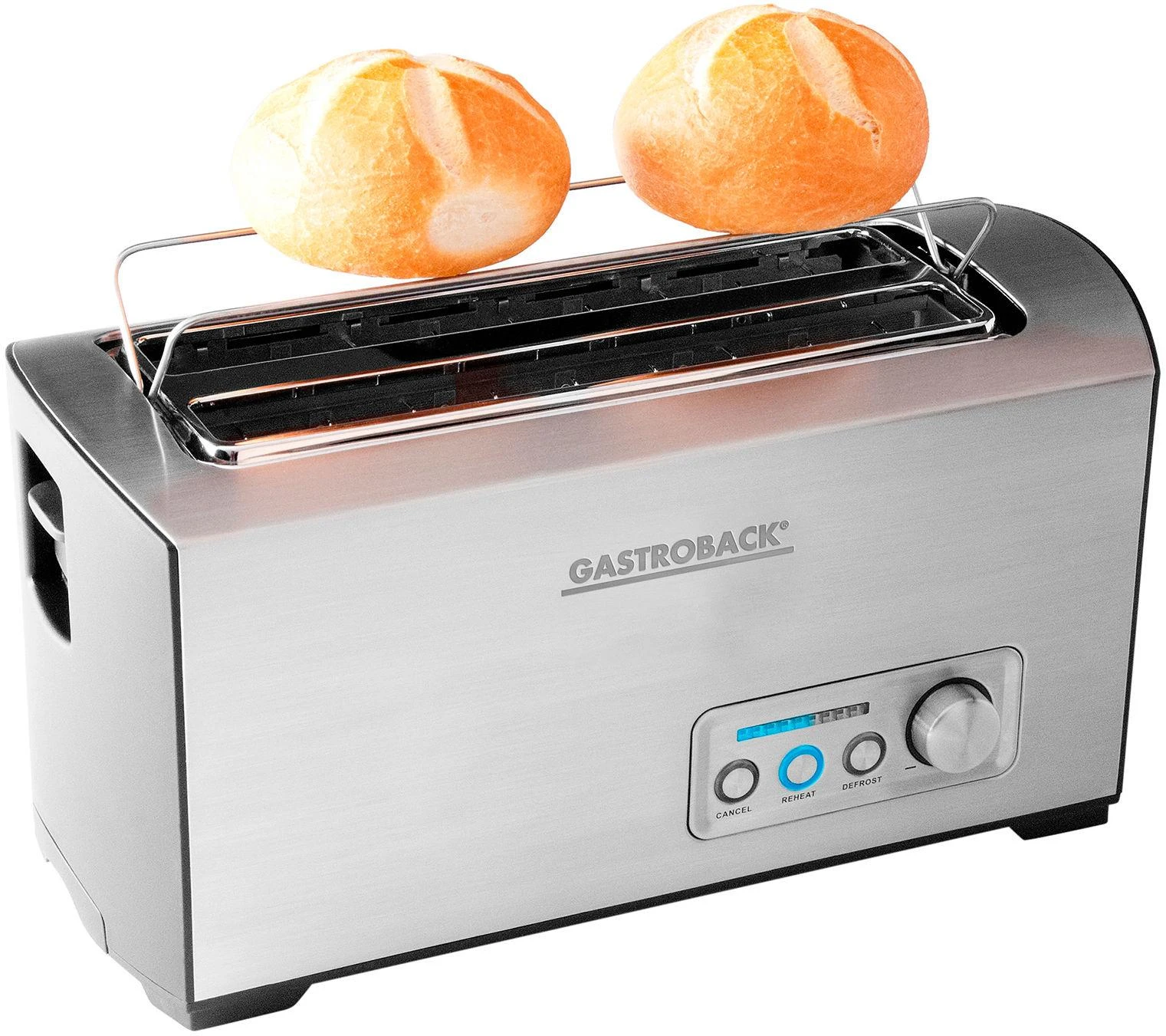 Skrudintuvas Gastroback Toaster PRO 4S 42398 Stainless Steel/ juodas, Nerūdijantis plienas, 1500 W, Lizdų skaičius 4, Galios lygių skaičius 9, Į komplektaciją įeina bandelių šildytuvas