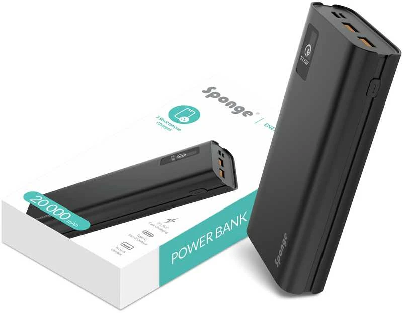"Sponge Energy 20000 QC" 22,5 W, du USB A ir vienas USB C prievadai