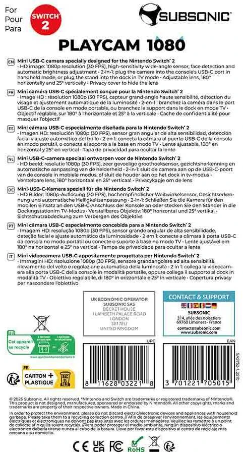 „Subsonic Playcam 1080 2in1 HD“ mini kamera, skirta „Nintendo Switch 2“ (Raudona)