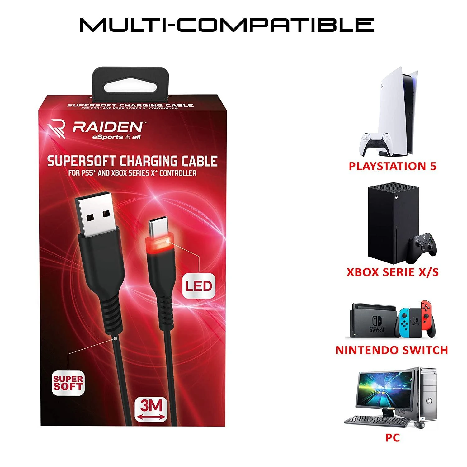 „Subsonic Supersoft“ įkrovimo laidas USB-C, skirtas PS5 / XBOX / Switch