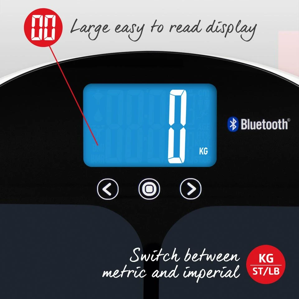 Salter 9192 BK3R Curve Bluetooth išmaniosios vonios svarstyklės, juodos