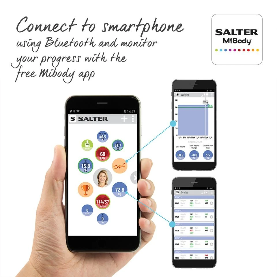 Salter 9192 BK3R Curve Bluetooth išmaniosios vonios svarstyklės, juodos