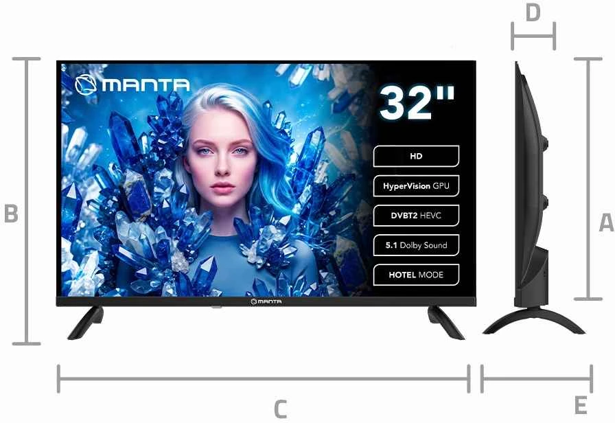 Televizorius Manta MATV002LHN32 32" LED HD TV with S2 Imtuvas, DVBT2, HEVC/265, USB, ARC, HDMI, CI+, Slim Design, B