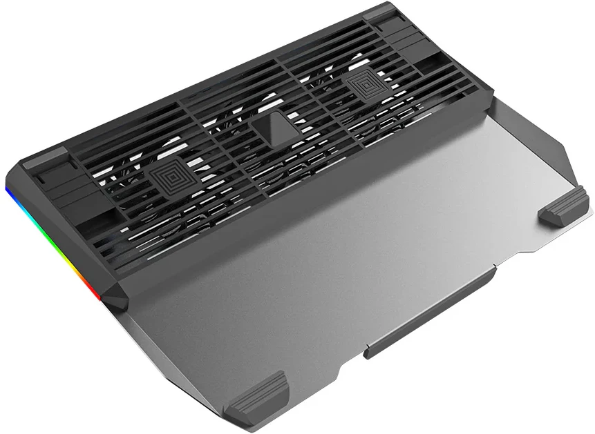 „Tellur“ nešiojamojo kompiuterio aušintuvas, 17 dydžio, 3 ventiliatoriai, RGB LED, USB, USB-C, aliuminio pilkos spalvos