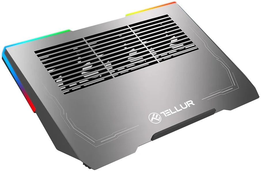 „Tellur“ nešiojamojo kompiuterio aušintuvas, 17 dydžio, 3 ventiliatoriai, RGB LED, USB, USB-C, aliuminio pilkos spalvos