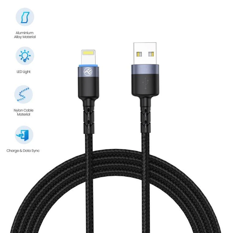 Tellur Data cable USB į Lightning LED, Nylon Braided, 1.2m juodos spalvos