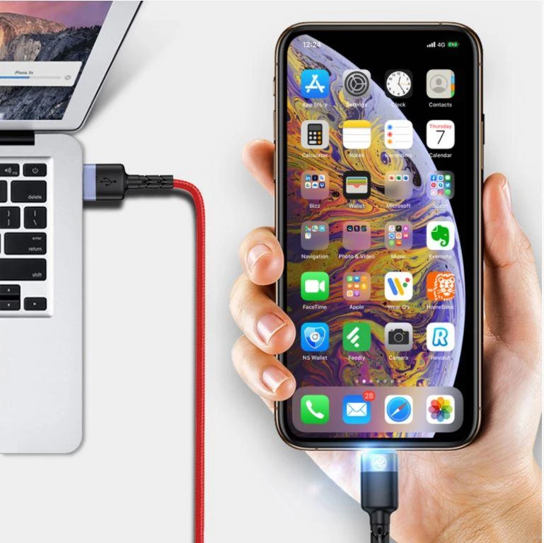 Tellur USB–Lightning kabelis su LED apšvietimu, 1,2 m, raudonas