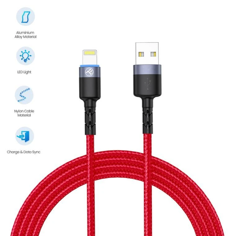 Tellur USB–Lightning kabelis su LED apšvietimu, 1,2 m, raudonas