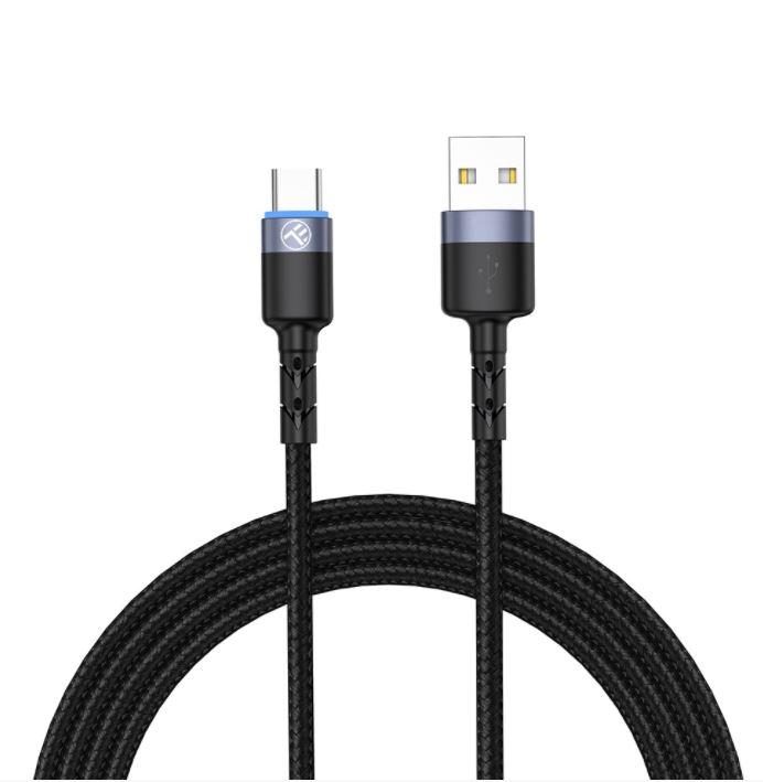 „Tellur“ duomenų kabelis USB prie C tipo LED nailono pintas 1,2 m „Juodas“.