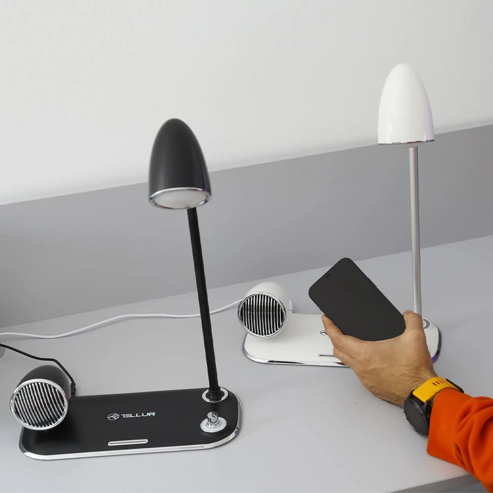 Tellur Nostalgia Wireless Desk Charger, Bluetooth Speaker, Desk Lamp baltas