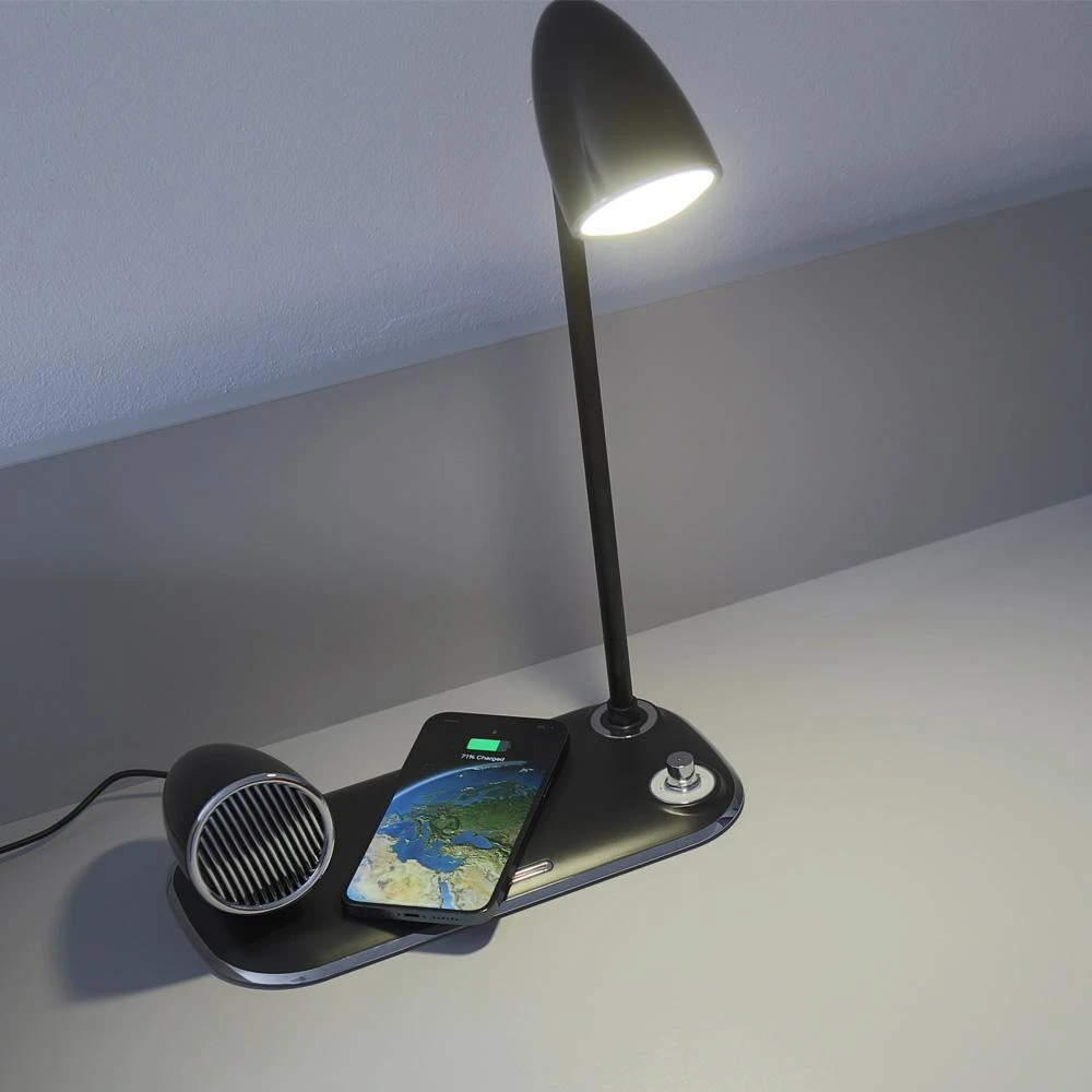 Tellur Nostalgia belaidis stalo įkroviklis, „Bluetooth“ garsiakalbis, stalinė lempa, juodas