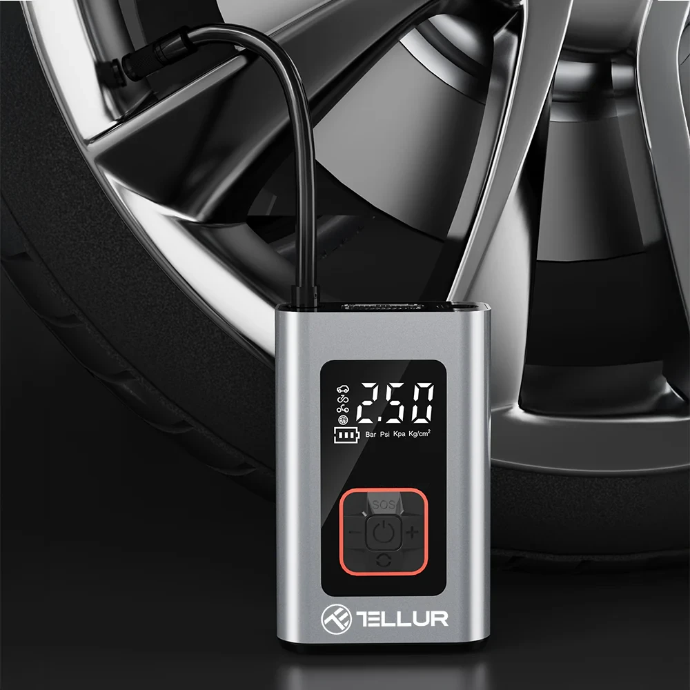 Tellur portable electric air compressor, 150 PSI, 16L/min, 4000mAh, USB-C, aluminum