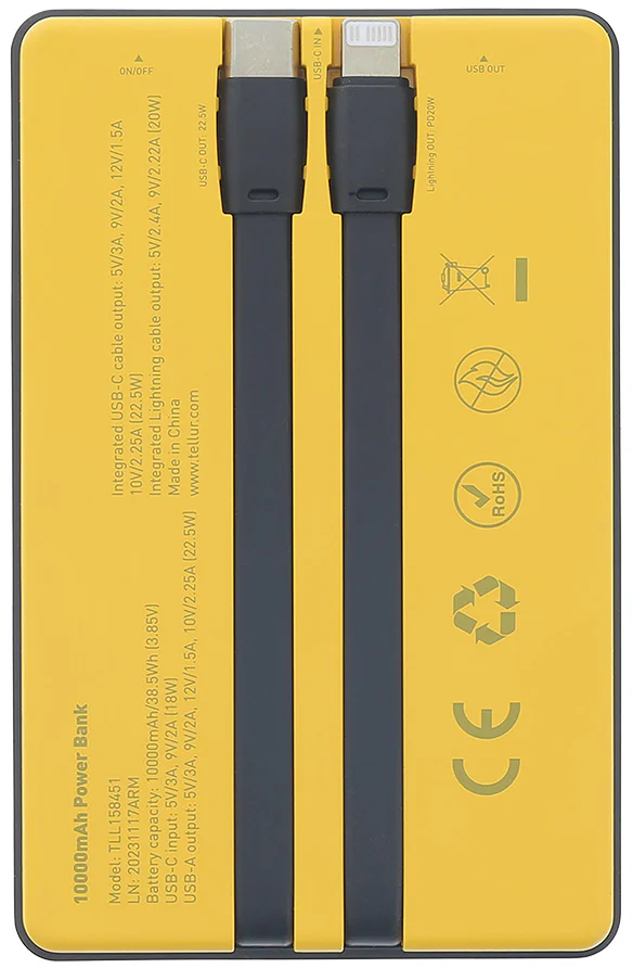 Tellur Geltonas 10 000 mAh power bankas su integruotais USB-C ir Lightning laidais