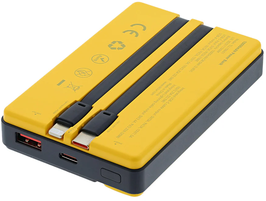 Tellur Geltonas 10 000 mAh power bankas su integruotais USB-C ir Lightning laidais