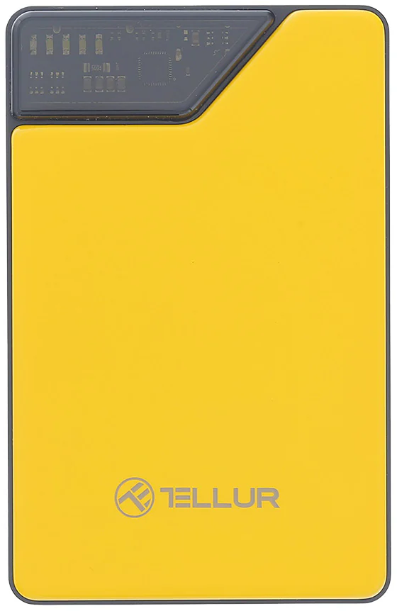 Tellur Geltonas 10 000 mAh power bankas su integruotais USB-C ir Lightning laidais