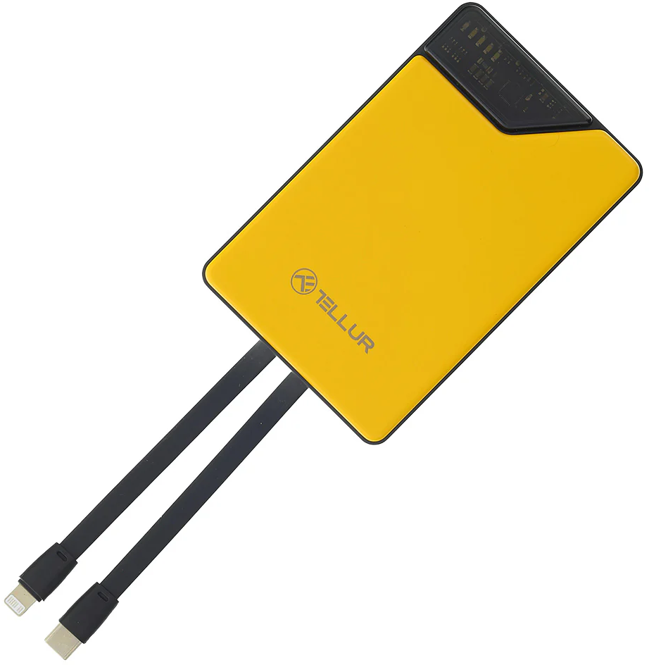 Tellur Geltonas 10 000 mAh power bankas su integruotais USB-C ir Lightning laidais