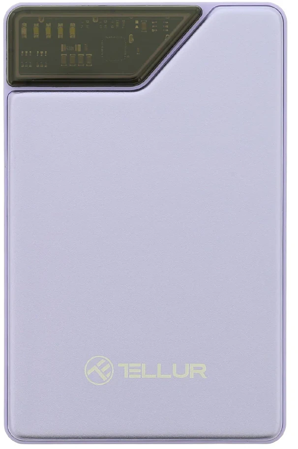 Tellur 10 000 mAh išorinė baterija su integruotais USB-C ir Lightning laidais, violetinė