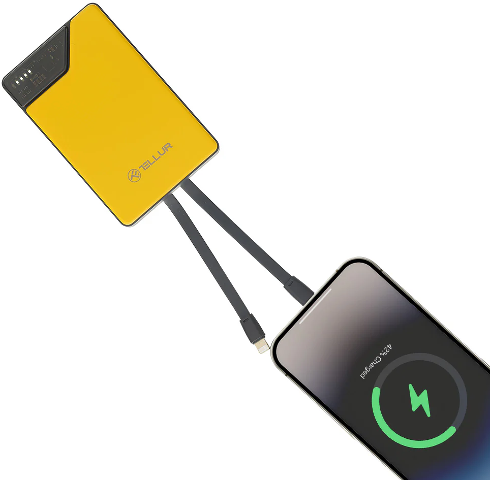 Tellur Geltonas 10 000 mAh power bankas su integruotais USB-C ir Lightning laidais