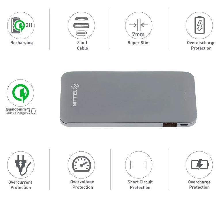 Tellur Pilkas 5000 mAh QC 3.0 powerbankas su 3in1 laidu