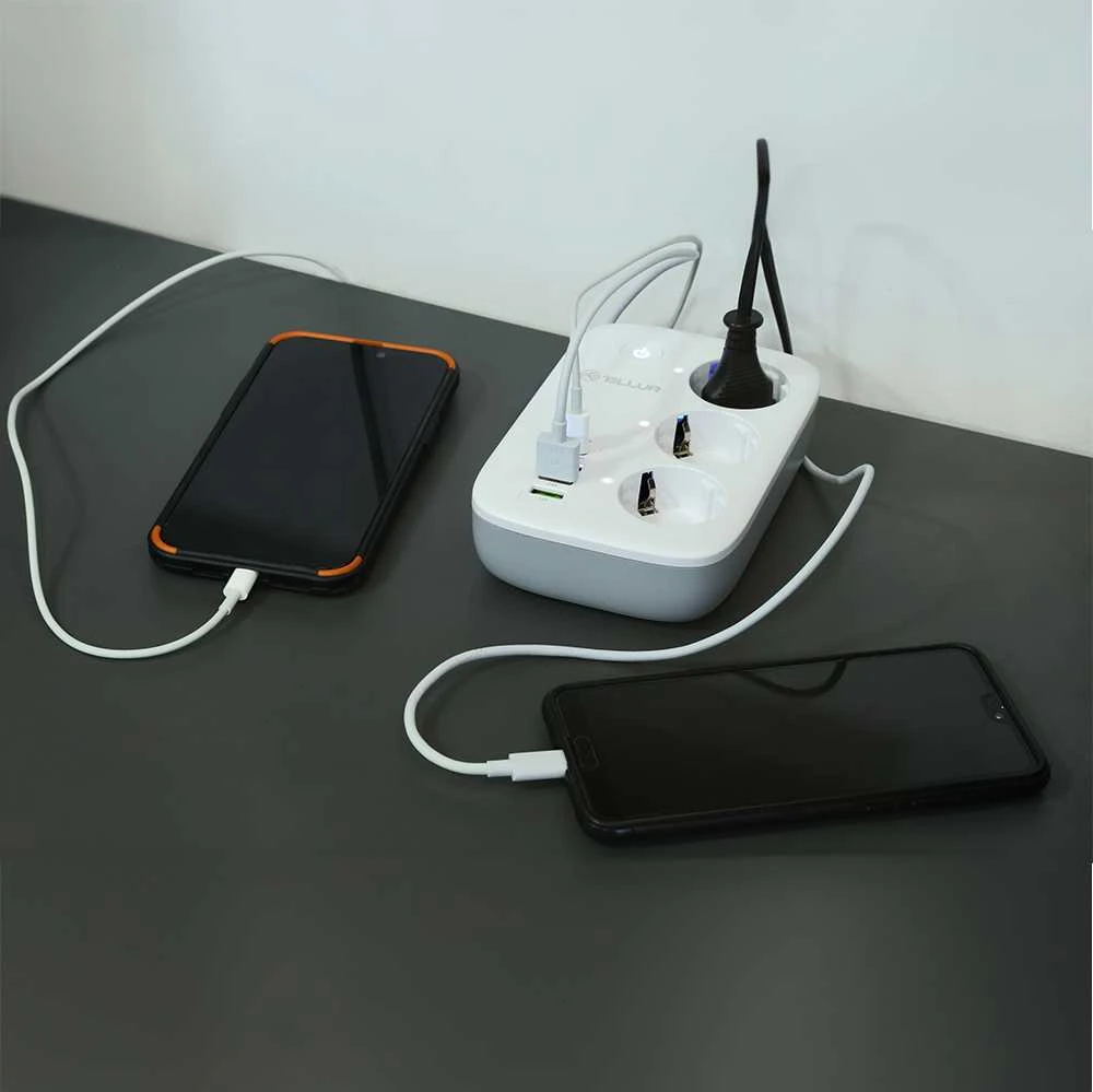 Tellur išmanusis WiFi maitinimo blokas, 3 lizdai, PD30W, QC18W, baltas