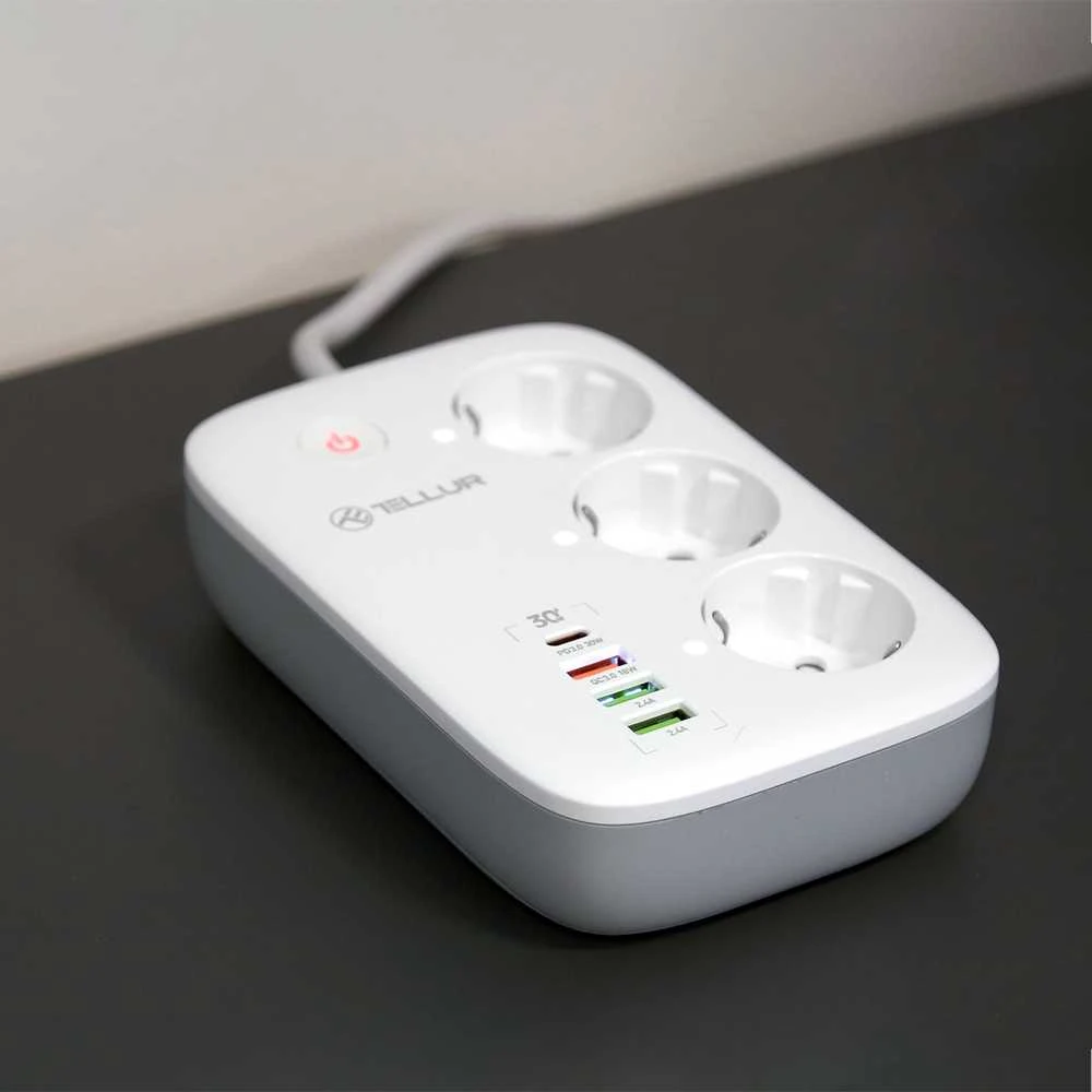 Tellur išmanusis WiFi maitinimo blokas, 3 lizdai, PD30W, QC18W, baltas