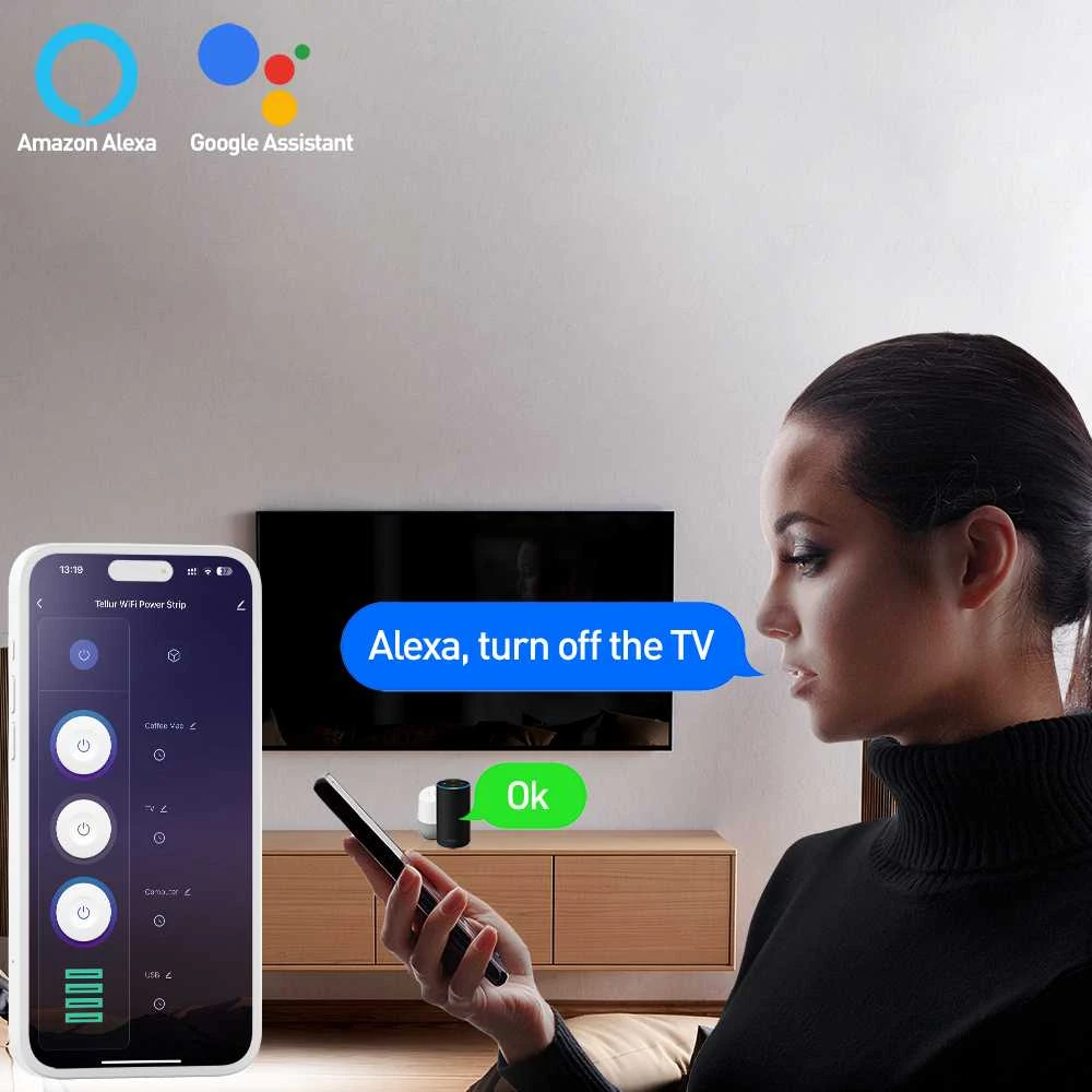 Tellur išmanusis WiFi maitinimo blokas, 3 lizdai, PD30W, QC18W, baltas