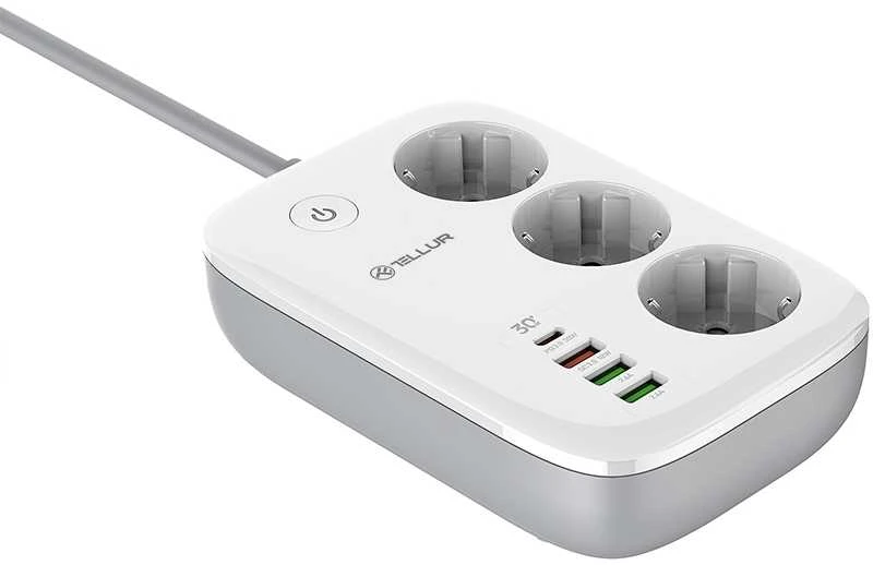 Tellur išmanusis WiFi maitinimo blokas, 3 lizdai, PD30W, QC18W, baltas