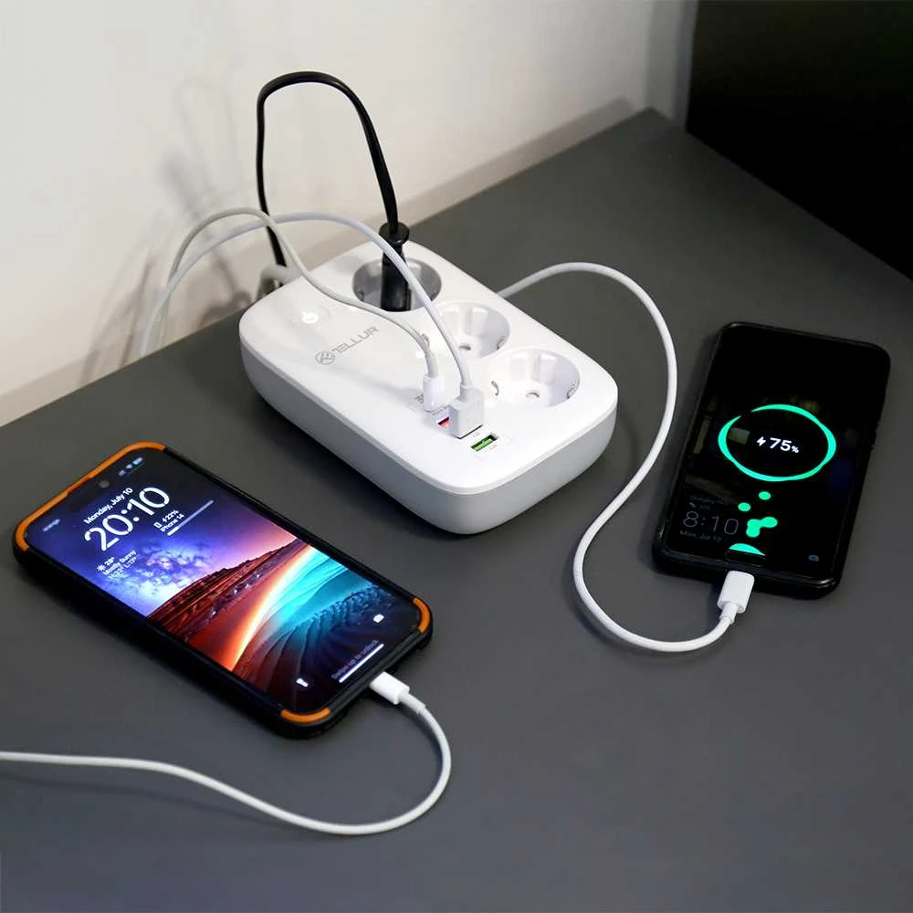 Tellur išmanusis WiFi maitinimo blokas, 3 lizdai, PD30W, QC18W, baltas